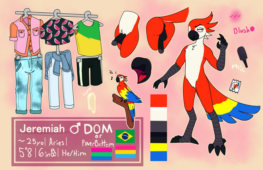 animal_humanoid anthro ara_(genus) avian avian_arms avian_butt avian_feet avian_humanoid beak bird bird_humanoid bodily_fluids brazilian clothing clothing_aside cum genital_fluids genitals hi_res humanoid jeremiah_(sexy_bird_voice_acting) macaw male model_sheet neotropical_parrot parrot parrot_humanoid penis scarlet_macaw sexy_bird_voice_acting snarrl solo true_parrot