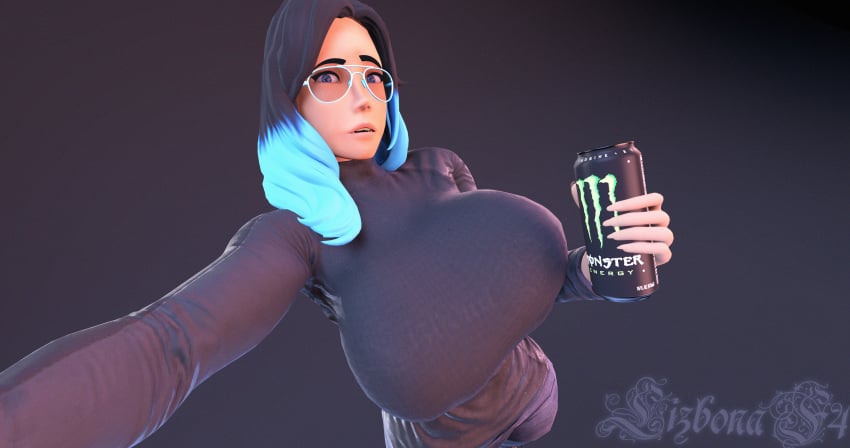 big_breasts black_hair blue_eyes blue_hair f4 female femscout femscout_(alt_design) glasses goth huge_breasts large_breasts light-skinned_female looking_at_viewer monster_energy selfie top_heavy two_tone_hair