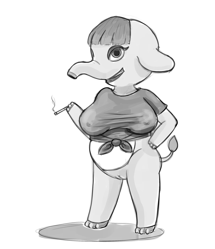 absurd_res animal_crossing anthro clothed clothing event_horizon female genitals hand_on_hip hi_res humanoid nintendo nipple_outline no_underwear opal_(animal_crossing) pussy shirt smoking solo tied_shirt topwear