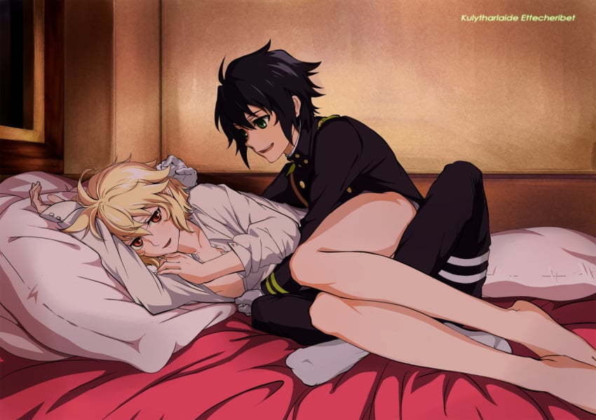 2boys bed black_hair gay hyakuya_michaela hyakuya_yuuichirou lying male_only multiple_boys open_clothes open_mouth owari_no_seraph socks uniform white_gloves wholesome yaoi