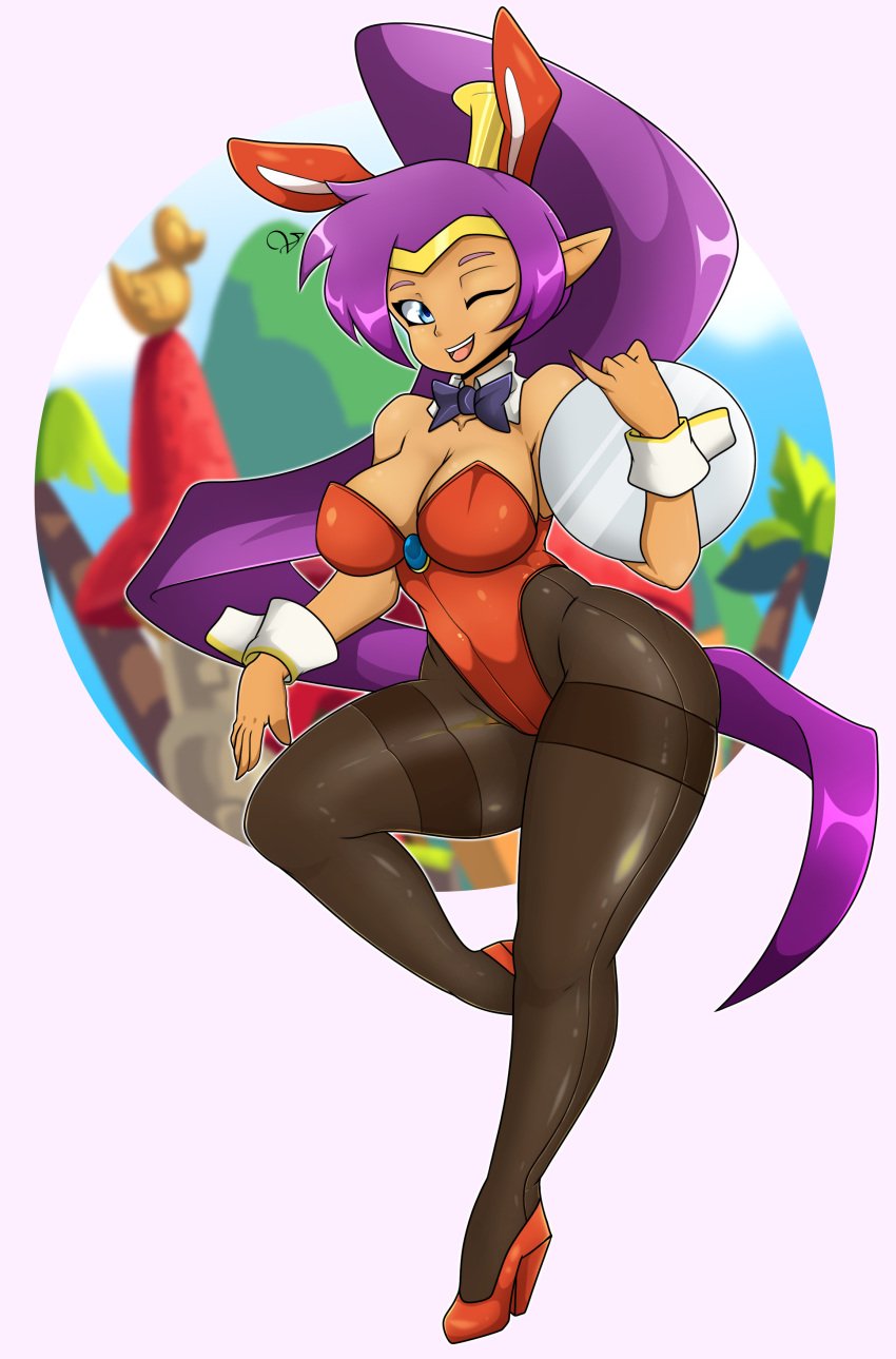 1girls blue_eyes bowtie breasts bunny_ears detached_collar fake_animal_ears female high_heels highleg highleg_leotard holding_tray jpeg large_breasts leotard looking_at_viewer pantyhose playboy_bunny pointy_ears ponytail purple_hair red_leotard shantae shantae_(character) smile solo tray wrist_cuffs zzvinniezz