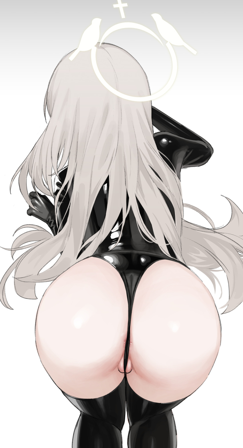 aak absurdres anus anus_peek ass ass_peek black_gloves black_leotard black_thighhighs blue_archive facing_away feet_out_of_frame female from_behind gloves gradient_background grey_background grey_hair halo highres latex leotard long_hair partially_visible_vulva sakurako_(blue_archive) solo thighhighs very_long_hair white_background white_halo