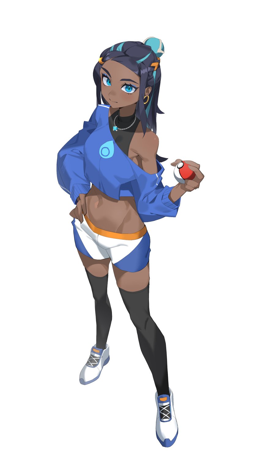 1girls black_hair blue_eyes blue_eyeshadow blue_streak blue_sweater breasts cropped_sweater cute dripped_out earrings eyeshadow female hand_on_hip hjjeon02 holding_poke_ball hoop_earrings long_hair looking_at_viewer makeup medium_breasts midriff navel necklace nessa_(pokemon) nintendo off_shoulder off_shoulder_sweater pokeball pokemon pokemon_ss running_shoes shoes shorts slender_legs solo streaked_hair sweater thighhighs thighs white_shorts