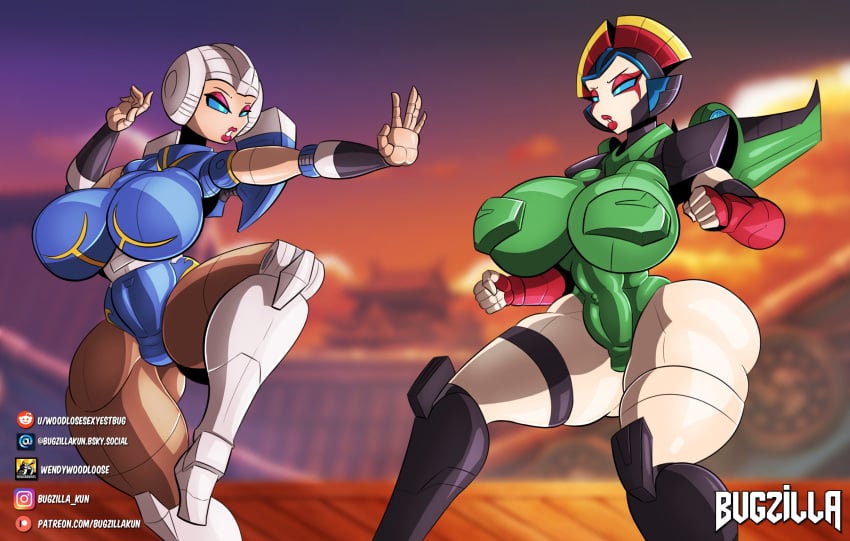 2girls abs alternate_version_available arcee arcee_(g1) artist_name autobot big_breasts bugzilla busty cammy_white_(cosplay) chun-li_(cosplay) cosplay female female_autobots female_only giant_breasts huge_breasts multiple_girls revealing_armor robot robot_girl slim_waist street_fighter thick_thighs transformers voluptuous voluptuous_female windblade