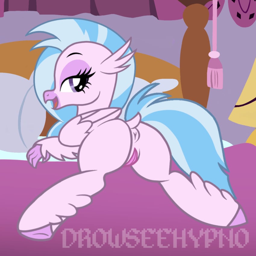 accurate_art_style ass asshole blue_hair cute friendship_is_magic hasbro hooves laying_down laying_on_bed laying_on_stomach my_little_pony my_little_pony_friendship_is_magic pink_fur pink_skin ponut purple_eyes pussy pussy_lips seductive seductive_eyes seductive_look seductive_pose seductive_smile silverstream_(mlp) wings wings_folded