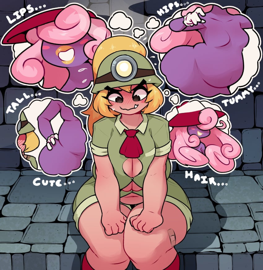 @_@ big_breasts blush breasts chubby cleavage cute dabble fantasizing female flustered fully_clothed goombella green_shorts mario_(series) paper_mario paper_mario:_the_thousand-year_door rule_63 solo spiral_eyes swirly_eyes text thick_thighs vivian_(paper_mario) wholesome wide_hips yuri