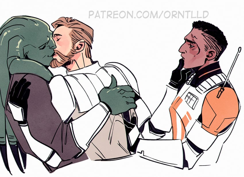 3boys alien blank_background clone_trooper clone_wars color commander_cody fully_clothed kissing kit_fisto male male_only obi-wan_kenobi patreon_url plain_background star_wars url white_background yaoi