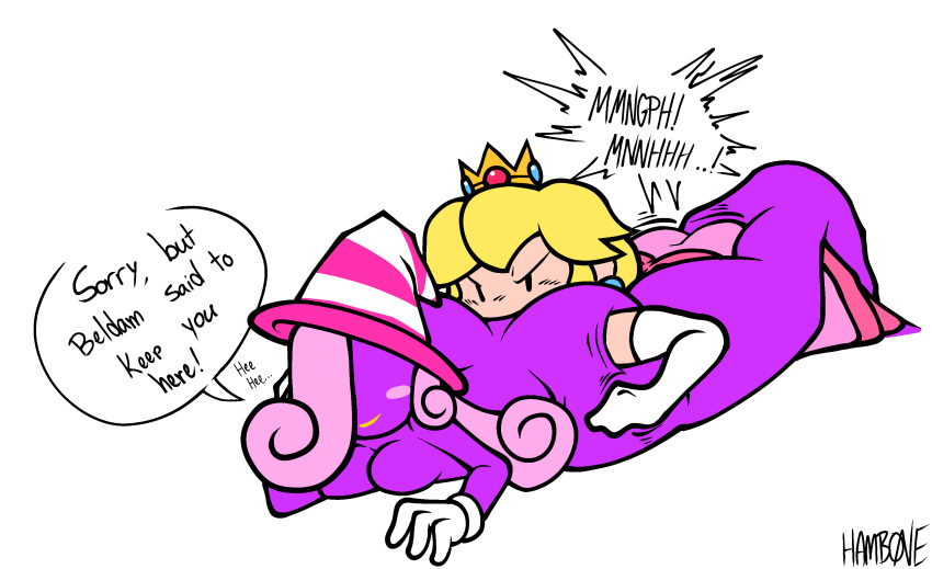 2d 2d_(artwork) 2girls artist_signature ass breasts face_on_ass female female_only ghost ghost_girl hamb0ne laying_on_stomach mario_(series) paper_mario paper_mario:_the_thousand-year_door paper_peach princess_peach purple_skin text trapped vivian_(paper_mario) white_background