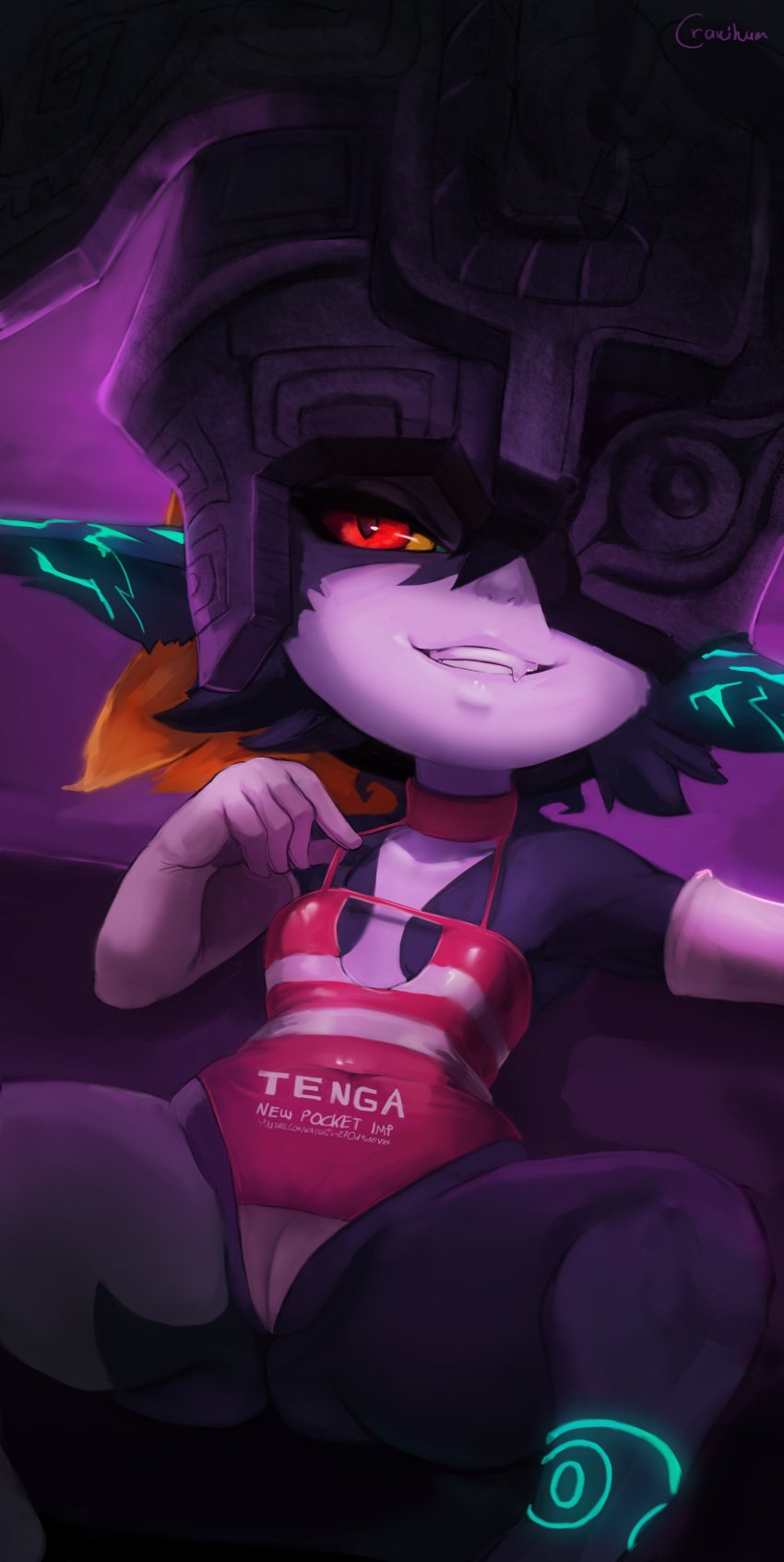 2024 absurd_res clothing cranihum digital_media_(artwork) english_text female fingers front_view genitals grin hair hi_res imp imp_midna looking_at_viewer midna nintendo pussy red_eyes shortstack smile solo spread_legs spreading tagme tenga tenga_outfit text text_on_clothing the_legend_of_zelda twili twilight_princess