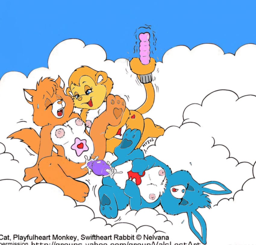 anthro care_bear_cousins care_bears female female/female group group_sex hi_res nelvana orgasm playful_heart_monkey proud_heart_cat sex sex_toy swift_heart_rabbit threesome trio