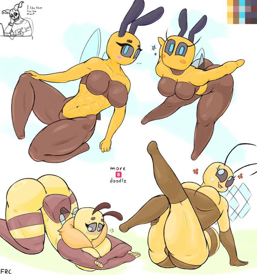 4girls abs antennae anthro armwear ass ass_up bee bee_(minecraft) big_ass blue_eyes blush breasts facrec flying hi_res looking_at_viewer looking_away lying minecraft mouthless multicolored_body multiple_girls presenting self_upload simple_background stinger swimsuit text tongue_out wings