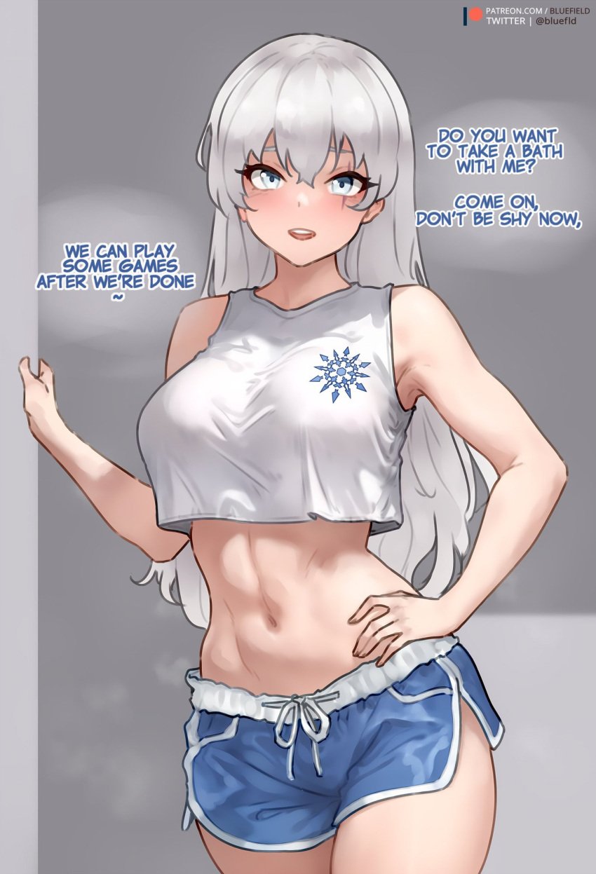 1girls bluefield breasts dolphin_shorts female female_focus female_only gray_hair grey_hair light-skinned_female light_skin long_hair looking_at_viewer midriff midriff_baring_shirt rwby shorts solo solo_female solo_focus sportswear talking_to_viewer tummy weiss_schnee