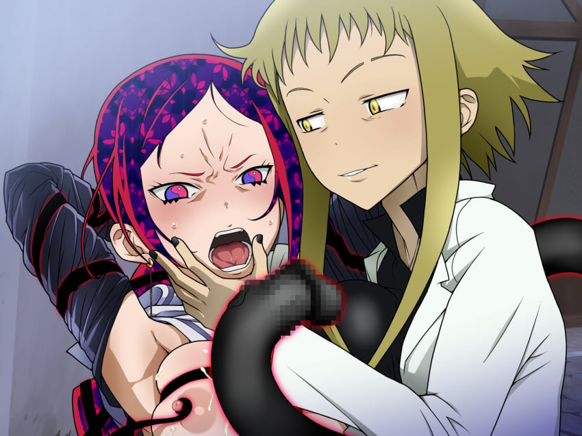 2girls angry areolae armpits arms_behind_head black_nails blonde_hair blush breast_press breasts censored cum cum_on_breasts earrings gorgon_sisters highres ice_place imminent_oral imminent_rape incest large_breasts long_hair long_sleeves looking_at_another looking_at_viewer medusa_gorgon mosaic_censoring multicolored_eyes multicolored_hair multiple_girls nail_polish nipple_tweak nipples open_mouth raised_eyebrows rape shaula_gorgon short_hair siblings sisters smile soul_eater soul_eater_not! sweat tentacle upper_body yellow_eyes