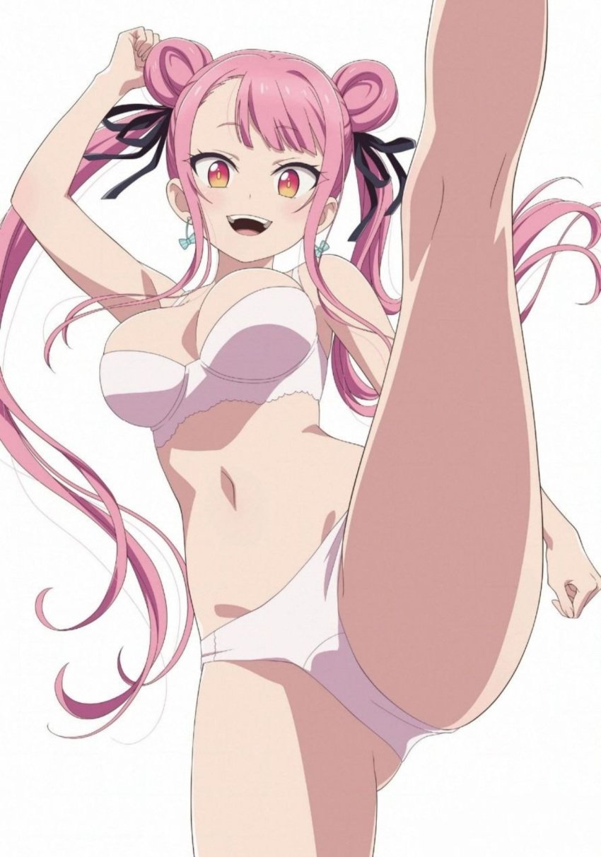 ass_visible_through_thighs bare_arms bare_belly bare_legs bare_shoulders bare_thighs belly_button big_breasts breasts earrings kicking long_hair megami_magazine official_art one_leg_raised open_mouth orange_hair pink_hair ponytails smile swimsuit tao_yuifa tensei_shitara_dai_nana_ouji_dattanode,_kimamani_majutsu_o_kiwamemasu thighs