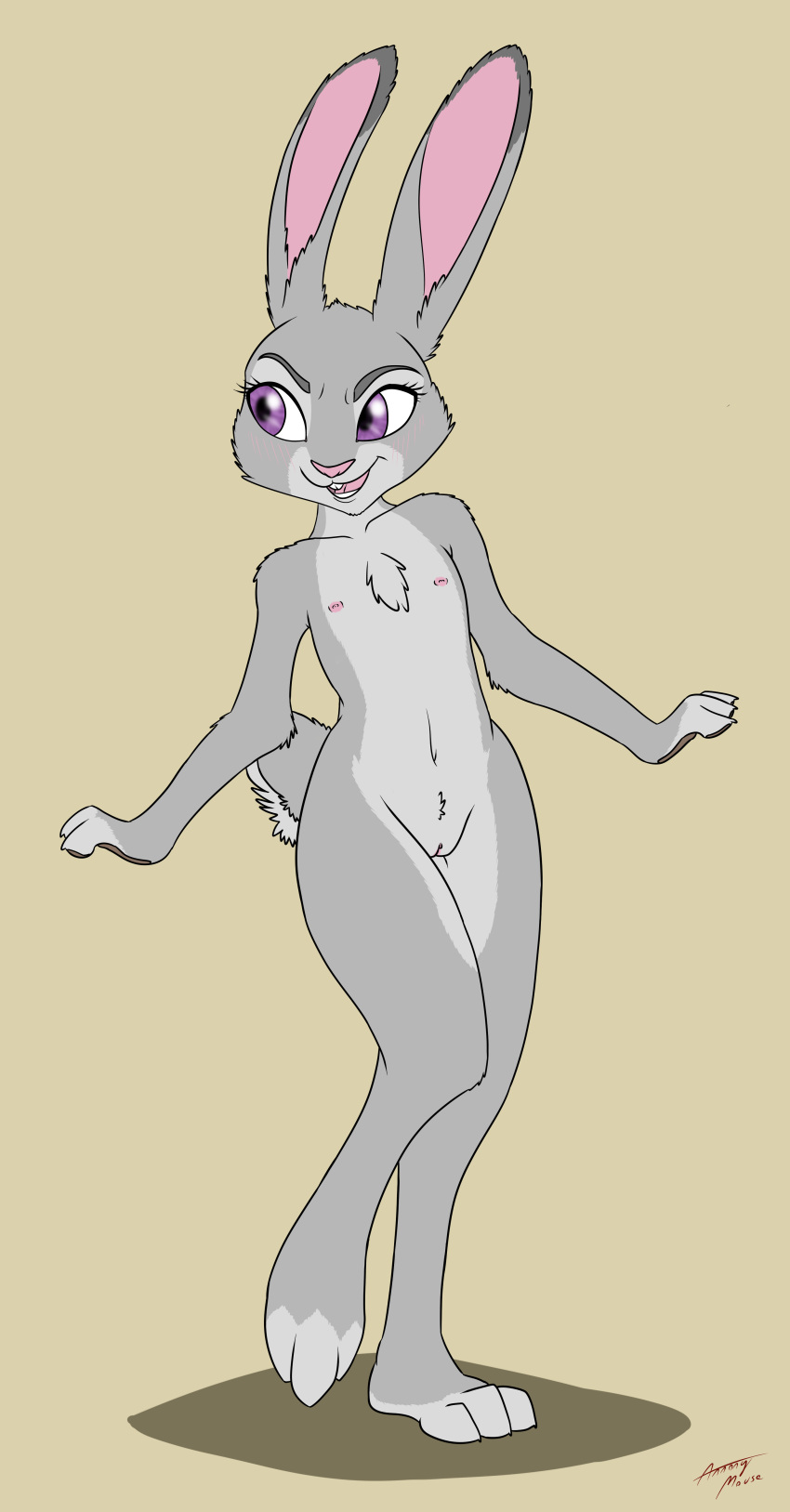 2016 absurd_res annonymouse blush breasts chest_tuft clitoris disney female flat_chest flat_chested hi_res judy_hopps lagomorph mammal navel nipples nude pose purple_eyes pussy rabbit simple_background smile solo tuft zootopia