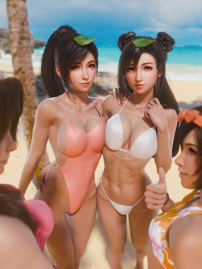 3d 4girls 4k aerith_gainsborough beach clone clones final_fantasy final_fantasy_vii final_fantasy_vii_remake hair identical_girls long looking_at_viewer ria-neearts swimsuit tifa_lockhart twins yuffie_kisaragi