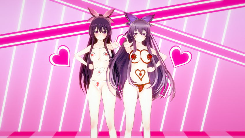 2girls angelxd belly belly_button breasts cake date_a_live food_on_body half_naked light-skinned_female lingerie long_hair multiple_girls purple_eyes purple_hair thighs yatogami_tohka