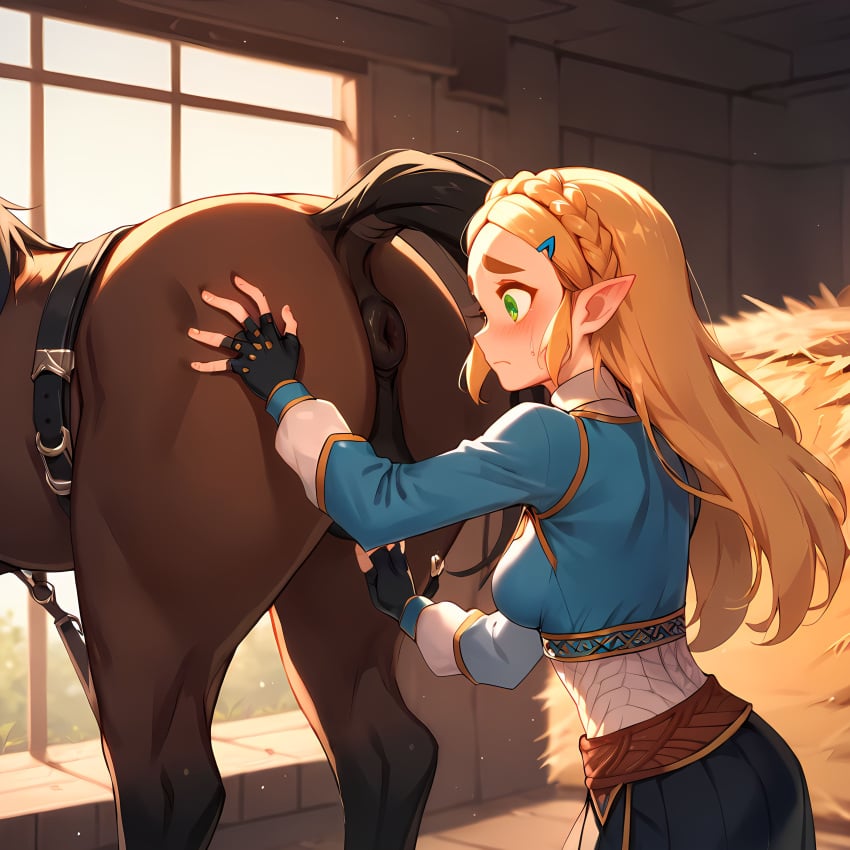 1boy 1girls ai_generated anus ass_grab belt black_pants blue_shirt breasts breath_of_the_wild crown_braid daytime equine female female_on_feral feral fingerless_gloves green_eyes hairclip highres horse horse_anus horse_tail horseballs humanoid large_anus long_sleeves looking_at_anus male male/female male_anus male_on_humanoid nintendo petite pointy_ears princess_zelda puffy_anus skinny stable stable_diffusion the_legend_of_zelda thick_eyebrows vlanim worried zelda_(breath_of_the_wild) zoophilia