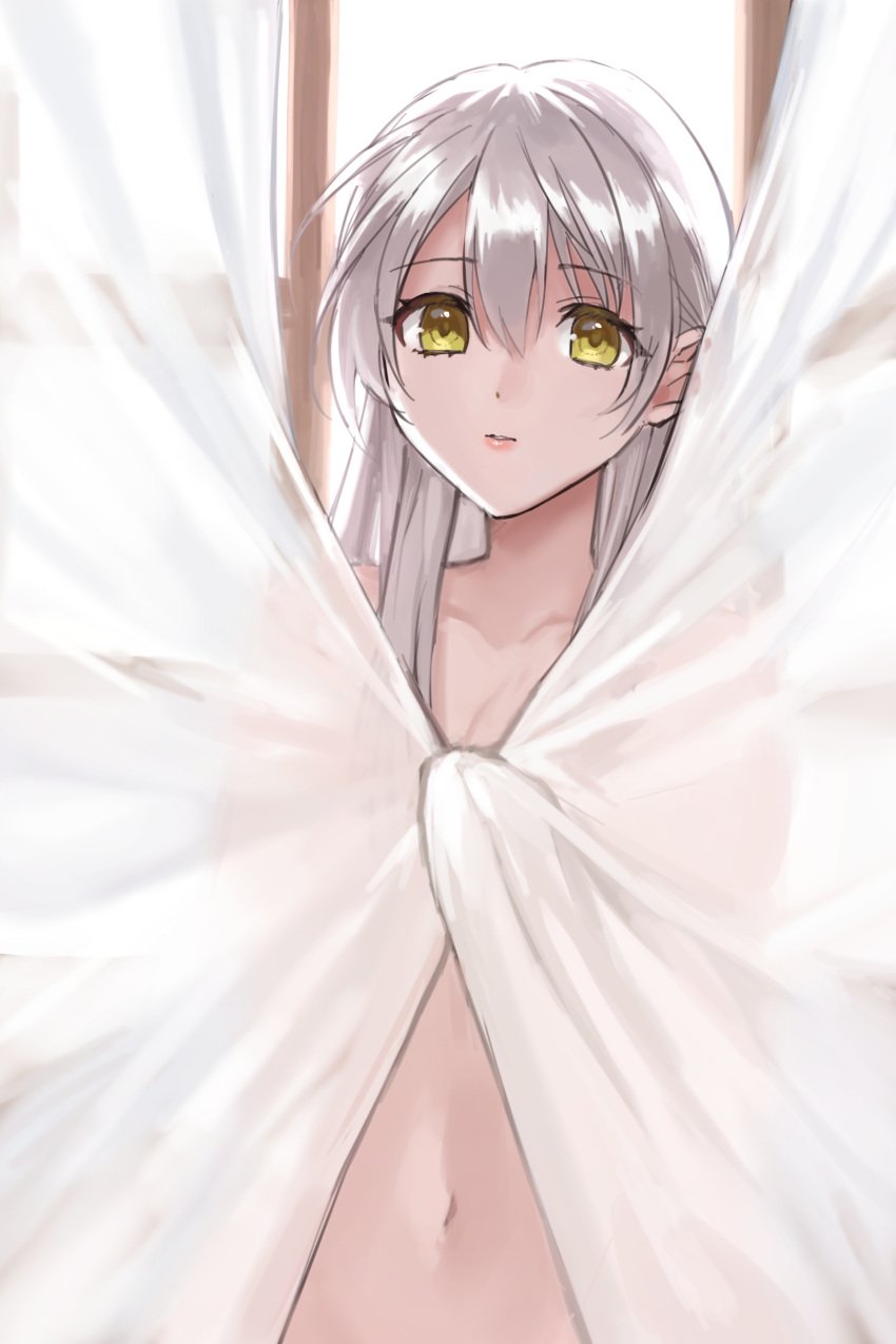 1girls absurdres breasts completely_nude covering_breasts covering_privates curtains female female_only fire_emblem fire_emblem:_radiant_dawn grey_hair hair_between_eyes hazuki_(nyorosuke) highres long_hair looking_at_viewer micaiah_(fire_emblem) navel nintendo nude small_breasts solo stomach upper_body yellow_eyes