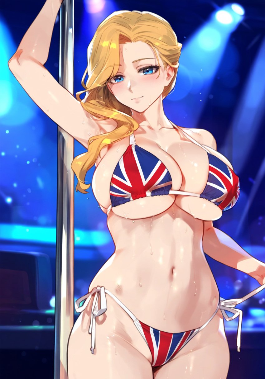 1girls ai_generated azur_lane big_breasts bikini blonde_hair blue_eyes blush eyebrows_visible_through_hair hood_(azur_lane) pale-skinned_female pale_skin side_ponytail smile solo solo_female solo_focus stripper stripper_pole suggestive_pose sweat thick_thighs truck_kun union_jack union_jack_bikini untying_panties wide_hips