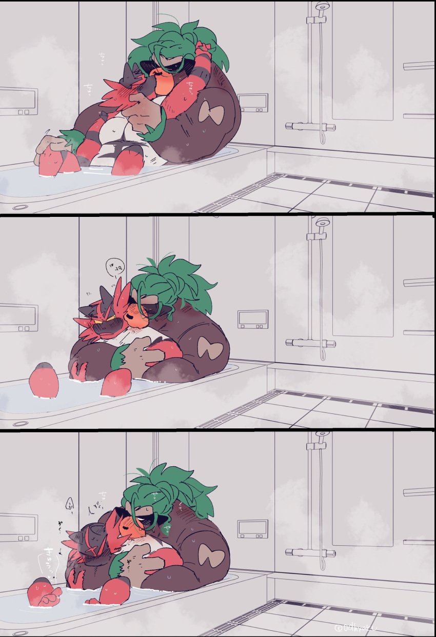 anthro bath bathing bathroom bathtub duo gay generation_7_pokemon generation_8_pokemon hi_res hyaku_(artist) incineroar male male/male nintendo pokemon pokemon_(species) rillaboom tagme