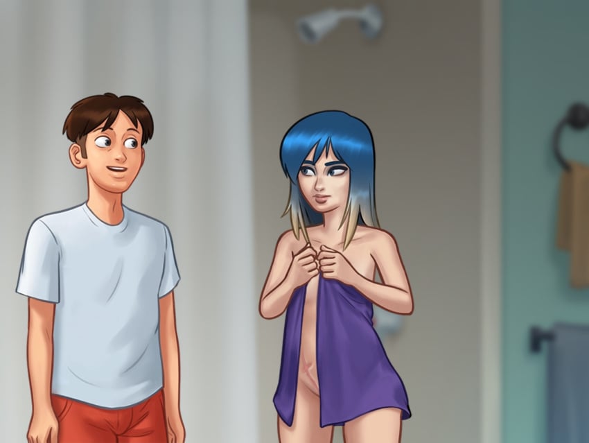 1boy 1girls 2d 2d_(artwork) after_bath areolae bathroom blue_hair breasts brown_hair clothed clothed_male_nude_female clothing completely_nude completely_nude_female darkcookie digital_drawing_(artwork) digital_media_(artwork) drying drying_body duo eve_(summertime_saga) female holding_towel light-skinned_female light-skinned_male light_skin long_hair looking_at_another looking_at_partner main_character_(summertime_saga) male male/female medium_breasts nipples nude nude_female orange_shorts pale-skinned_female pale_skin petite petite_body pussy pussy_lips scar shirt short_hair shorts shower shower_head small_breasts smile smiling standing summertime_saga teenage_girl teenager towel two_tone_hair vagina white_shirt