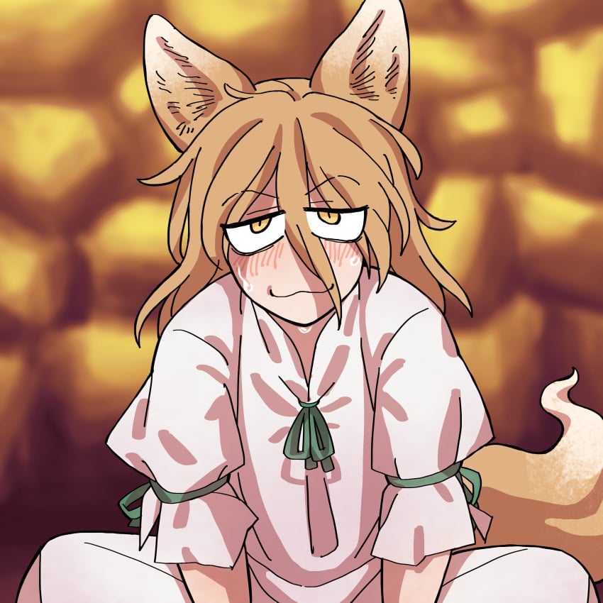 1futa animal_ears blonde_hair blush clothed clothing eddybird fox_ears fox_girl fully_clothed futa_only futanari humanoid implied_futanari kemonomimi kudamaki_tsukasa light-skinned_futanari light_skin long_hair solo solo_futa sweat sweating touhou yellow_eyes