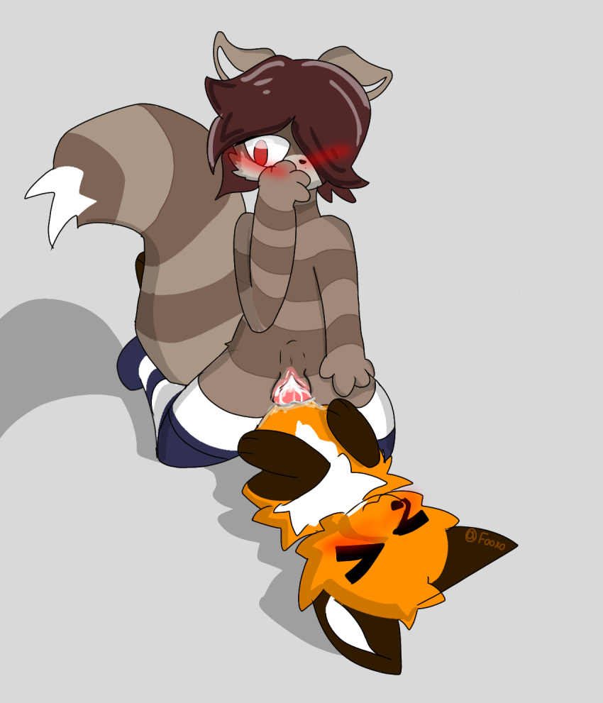 >_< anthro anthro_on_feral big_tail black_ears black_paws blush bodily_fluids brown_body canid canine closed_eyes clothing cowgirl_position cum cum_inside duo feral fooxo(artist) fox from_front_position genital_fluids genitals hi_res legwear mammal marina_(fooxo) nonbinary_(lore) on_bottom on_top penetration procyonid pussy raccoon red_body red_eyes sex shaded simple_background simple_eyes simple_shading striped_body stripes tail thigh_highs trans_(lore) vaginal_fluids vaginal_penetration vaginal_penetration zoophilia