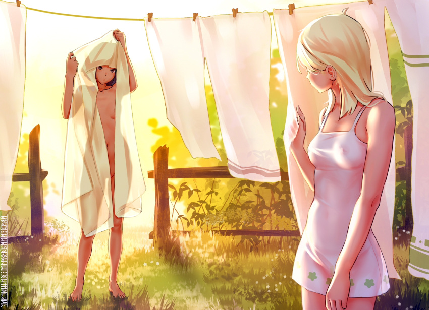 2girls bed_sheet breasts breasts_visible_through_clothing clothespins completely_nude fence field_background grass iskanderednaksi light long_hair looking_at_each_other medium_breasts medium_hair morning multiple_girls nature nightshirt original_characters pussy serene slavic village