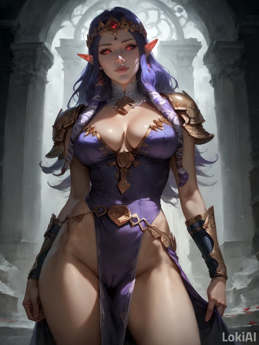 1girls a_link_between_worlds ai_generated belly_button camel_toe cameltoe cleavage elf_ears female female_only jewelry loincloth lokiai looking_at_viewer necklace pale pale_skin partially_clothed pointed_ears pointy_ears princess princess_hilda purple_dress purple_hair red_eyes seductive seductive_look solo stable_diffusion standing the_legend_of_zelda thigh_gap thighs tiara