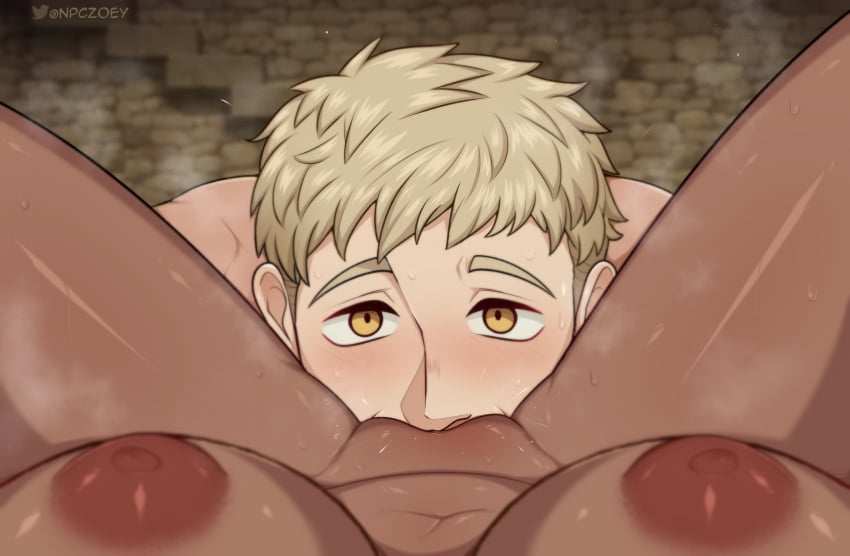 1boy 1girls background_character blonde_hair canon_genderswap cunnilingus cunnilingus_pov dark-skinned_female delicious_in_dungeon devouring_pussy dungeon_meshi eating_pussy female female_pov interracial laios_touden looking_at_viewer male male_focus musk npczoey short_hair