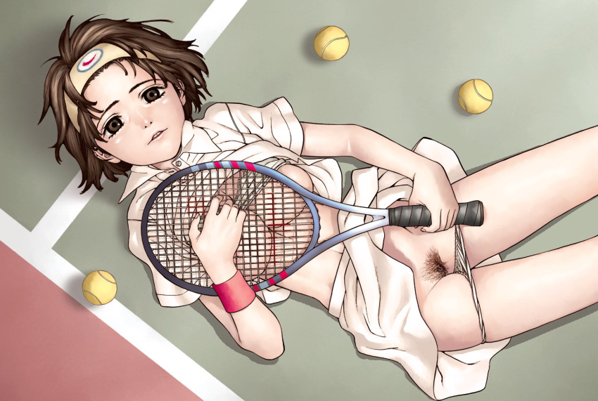 1girls breasts brown_eyes brown_hair female headband hidiri_rei highres hijiri_rei lying original panties panty_pull pubic_hair pussy racket shirt_lift short_hair skirt skirt_lift solo tennis tennis_racket underwear