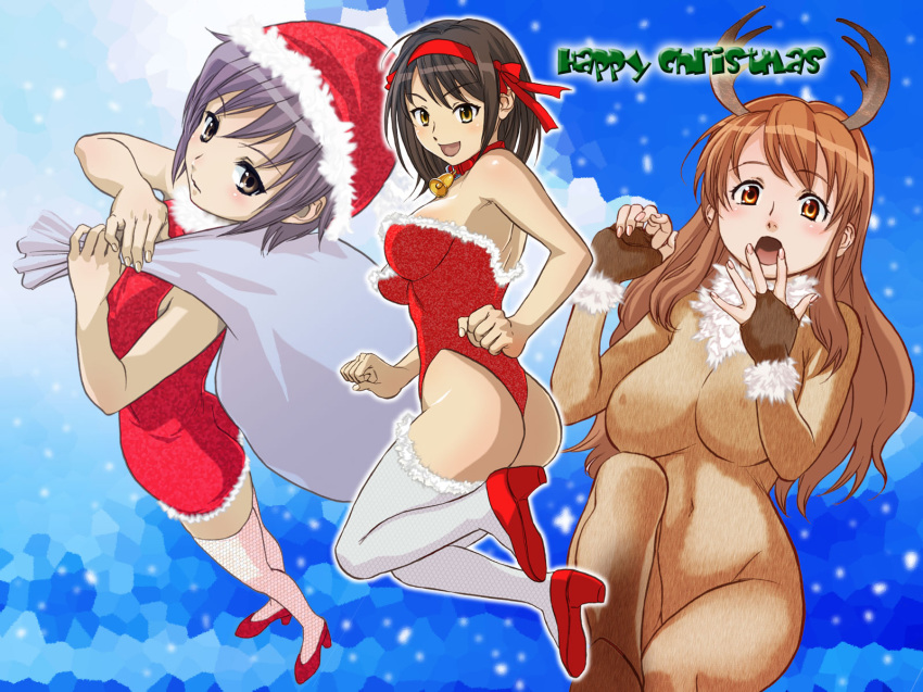 asahina_mikuru ass bell bow brown_eyes brown_hair christmas collar fingerless_gloves fishnets gloves hairbow high_heels highres kishizuka_kenji lavender_hair leotard long_hair nagato_yuki reindeer santa_costume shoes short_dress short_hair skin_tight snow suzumiya_haruhi suzumiya_haruhi_no_yuuutsu thighhighs