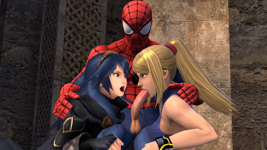 3d blue_hair cowman crossover eastern_and_western_character female fire_emblem fire_emblem_awakening garry's_mod human lucina_(fire_emblem) male marvel metroid nintendo peter_parker samus_aran spider-man spider-man_(series) straight straight_hair zero_suit