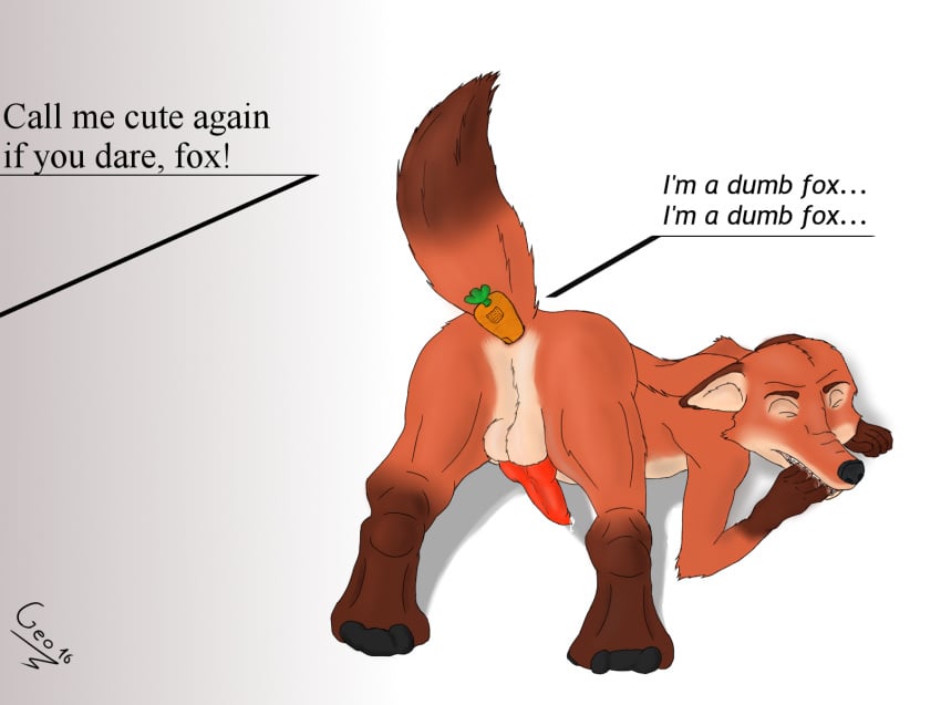 1boy anal balls bitting canine dialogue dildo disney erection forced fox geowolf judy_hopps male male_anal male_only mammal nick_wilde penis raised_tail sex_toy solo zootopia