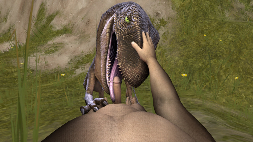 3d dinosaur dromaeosaurid feral hand_on_head human human_on_feral interspecies licking mammal oral penis penis_lick raptor sex source_filmmaker sumeriandragon theropod tongue tongue_out zoophilia