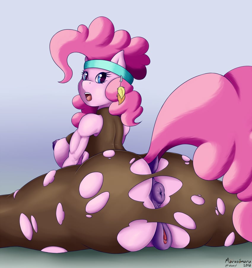 anus ass big_anus blue_eyes breasts clothing equine female friendship_is_magic hair headband horse looking_at_viewer looking_back mammal marukomuru my_little_pony open_mouth pink_hair pinkie_pie_(mlp) pony puffy_anus pussy sideboob solo straight_hair torn_clothing