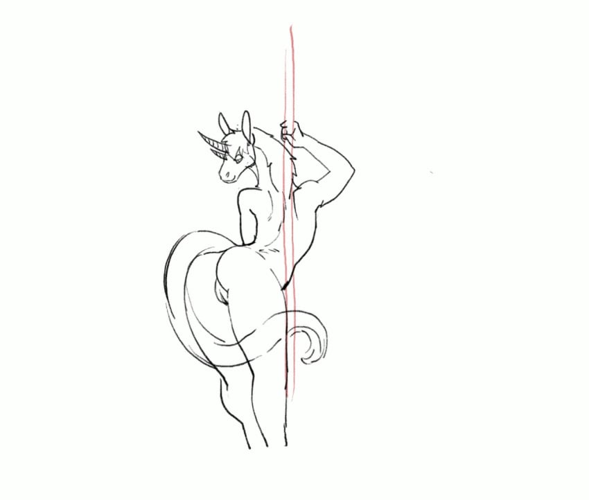 2016 animated anthro ass breasts dancing drawn equine female femtoampere_(character) fur furry fuzzamorous hair hooves horn loop mammal monochrome nipples nude pole pole_dancing pussy simple_background sketch solo unicorn white_background