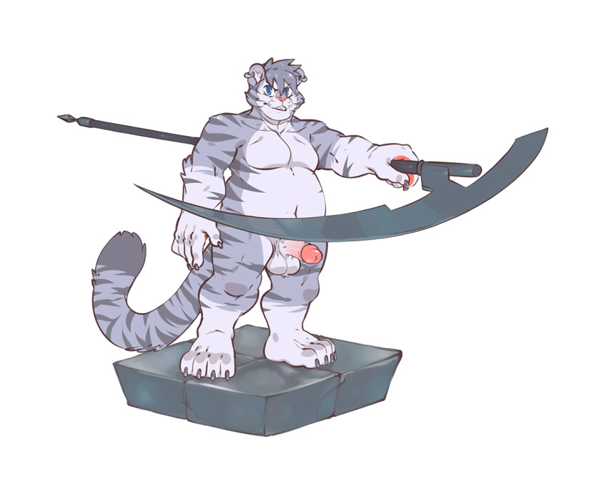 1boy barazoku belly big_hands blue_eyes chubby claws erection feline furry grey_fur holding justin looking_at_viewer male male_only mammal melee_weapon no_nipples nude original original_character penis polearm scythe semi solo standing stripes tail testicles thick_thighs tiger weapon white_background