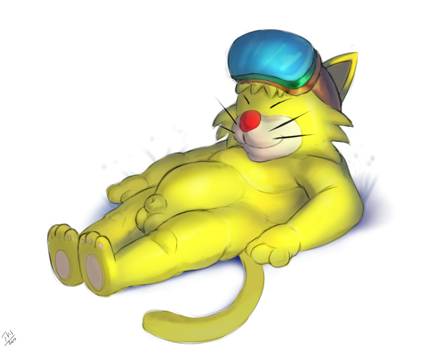 1boy animal_genitalia anthro balls closed_eyes eyewear feline goggles goggles_on_forehead lying male male_only mammal mario_(series) nude on_back plantigrade seyrmo sheath signature slightly_chubby smile solo spitz_(warioware) warioware whiskers