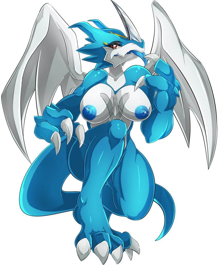 2016 anthro areola big_breasts breasts digimon exveemon female genderswap hi_res horn looking_at_viewer nipples nude simple_background solo suddenhack white_background wings