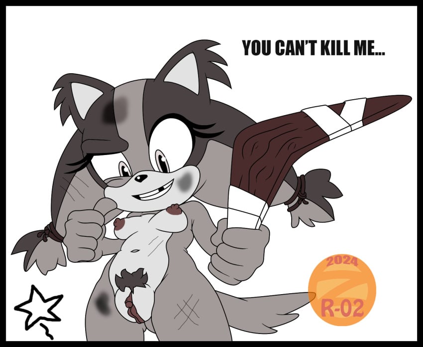 2024 boomerang breasts bruised english_text female genitals greyscale missing_tooth monochrome nipples nude pussy sega simple_background smile solo sonic_(series) sonic_boom sonic_the_hedgehog_(series) standing sticks_the_badger text zeta_r-02