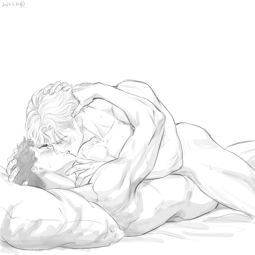 2024 2boys absurd_res ao_isami bara blush cawamurahiroku closed_eyes completely_nude completely_nude_male couple gay hi_res kissing lewis_smith male male/male male_only muscular muscular_male no_visible_genitalia on_bed pillow romantic romantic_couple saliva sideburns sketch sweat yaoi yuuki_bakuhatsu_bang_bravern