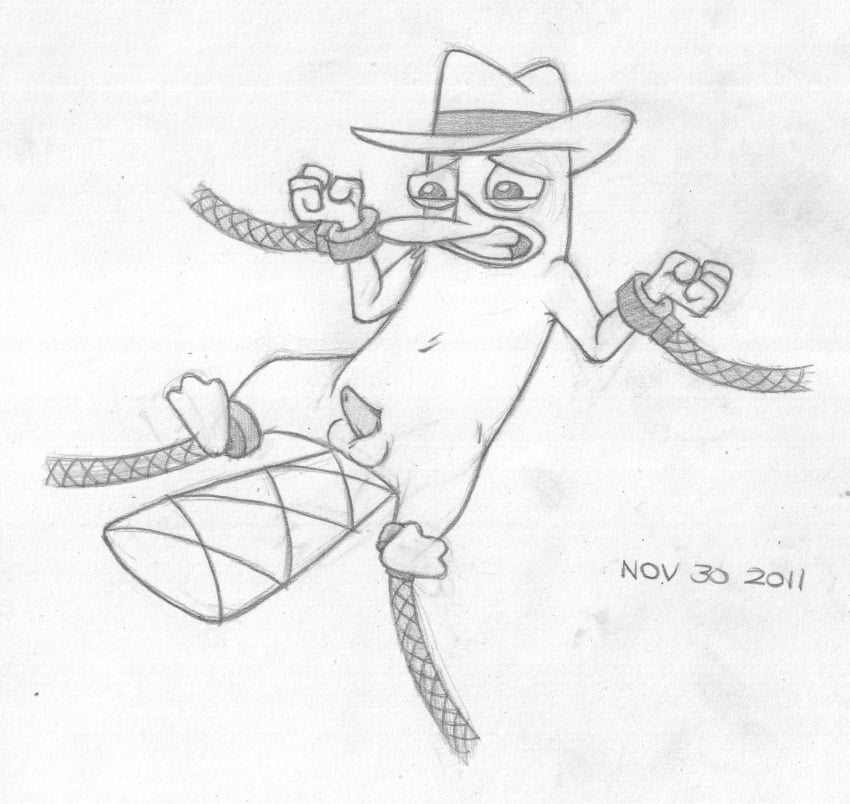 1boy 2011 animal_genitalia animal_penis anthro balls barefoot bound clenched_teeth erection fedora fully_bound greyscale hat headgear hi_res lying male male_only mammal mizzyam monochrome monotreme mostly_nude nervous on_back pencil_(artwork) penis perry_the_platypus phineas_and_ferb platypus sheath solo spread_eagle tapering_penis teeth traditional_media_(artwork) white_background