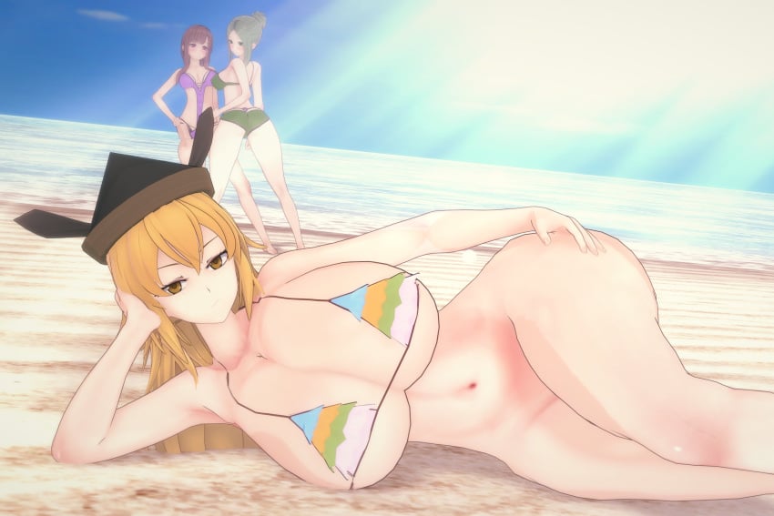 3girls beach big_breasts blonde_hair breasts brown_hair female_only goddess green_hair hat huge_breasts multiple_girls naked naked_female nishida okina_matara sand teireida_mai thighs touhou touhou_weird_storage