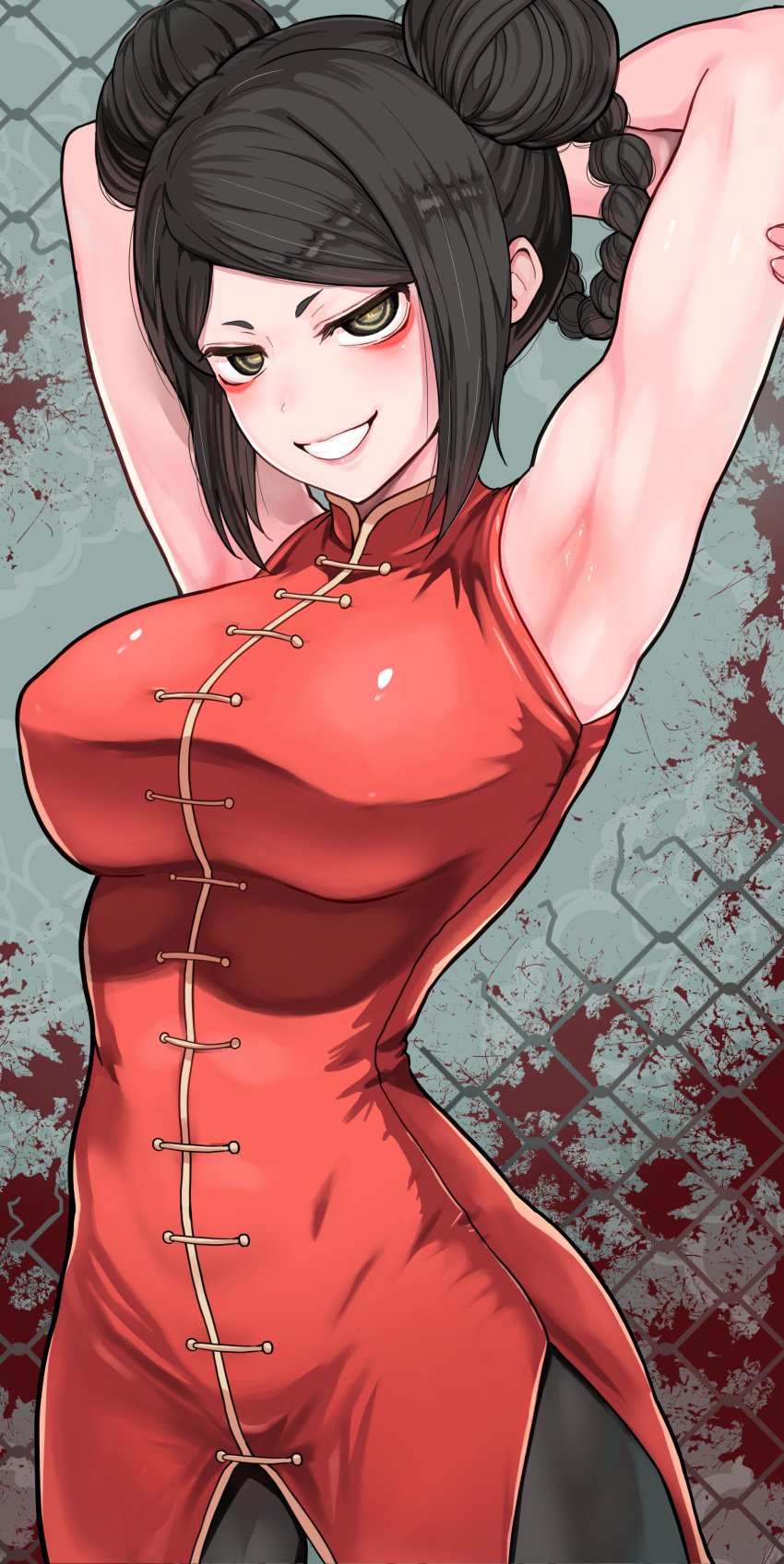 armpit_fetish armpits arms_up big_breasts black_hair braided_hair braids chinese_clothes double_bun female female_only fully_clothed harurukan isshou_senkin kengan_(series) looking_at_viewer martial_arts_uniform slim_waist smile solo star:_strike_it_rich wide_hips yuzuha_lee