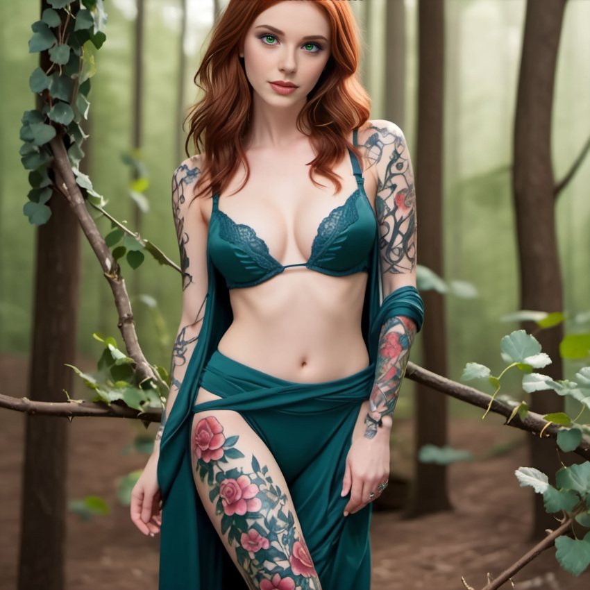 ai_generated dress green_eyes ivy_(lust_goddess) jungle lust_goddess red_hair tattoo tingelerdick