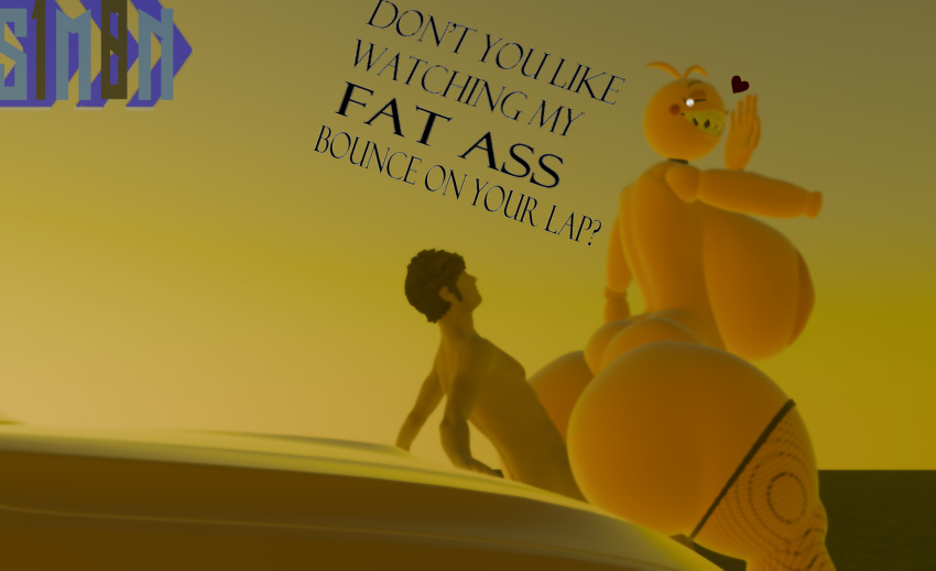 ambiguous_penetration animatronic anthro big_breasts breasts car curvy_figure dialogue duo female five_nights_at_freddy's five_nights_at_freddy's_2 hi_res human humanoid looking_at_another machine male male/female mammal on_bottom on_top penetration reverse_cowgirl_position robot robot_humanoid s1m0n scottgames sex sex_on_car thick_thighs toy_chica_(cyanu) toy_chica_(fnaf) vehicle voluptuous