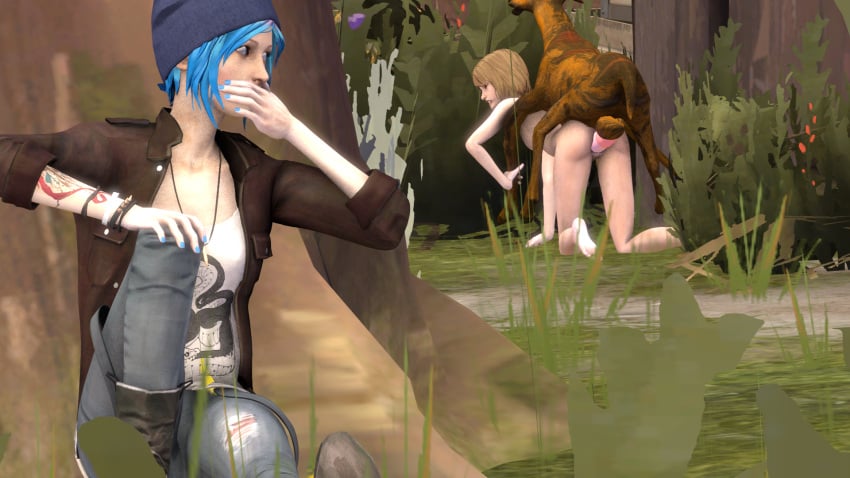 1boy 2girls 3d 3d_model animal_ears animal_genitalia beastiality behind_tree behind_view blue_eyes blue_hair chloe_price clothes clothes_removed deer feet feet_fetish female forced forced_exposure forced_to_watch forest hand_on_mouth human life_is_strange male max_caulfield naked naked_female on_top open_mouth penis pes_in_pussy sex sfm shock shocked shocked_expression shocked_face spirit tree tree_stump zoophilia