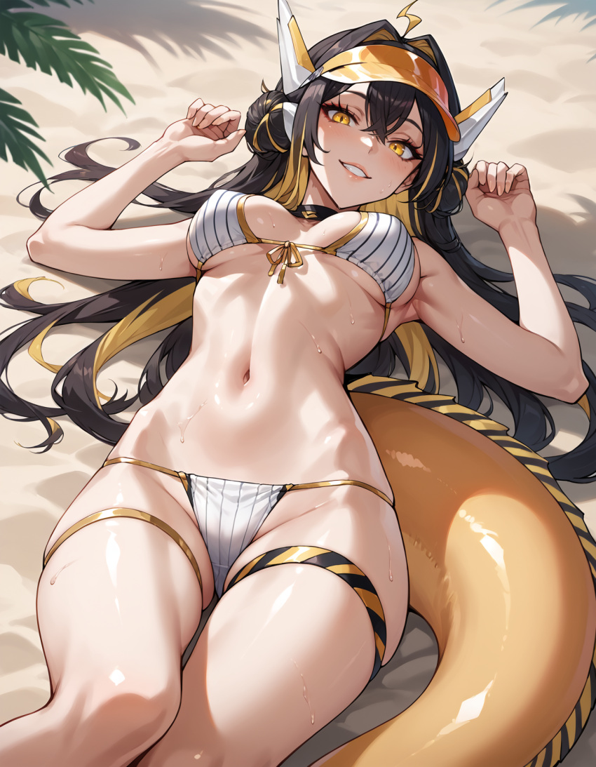 ai_generated beach big_breasts bikini blush brown_hair e-sekai eel female female_only idol-en idol_corp juna_unagi navel on_back stomach summer sunny swimsuit swimwear virtual_youtuber vtuber white_skin yellow_eyes